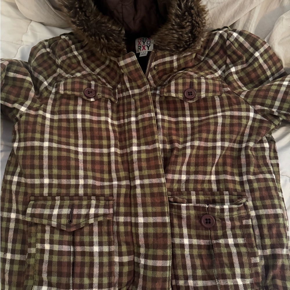 Roxy Brown Plaid Jacket with Faux Fur - Picture 3 of 3